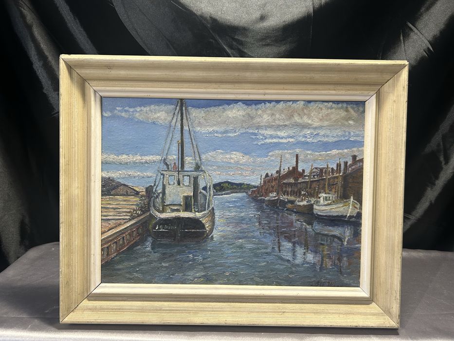 Obraz – Łódź w porcie – olej na desce