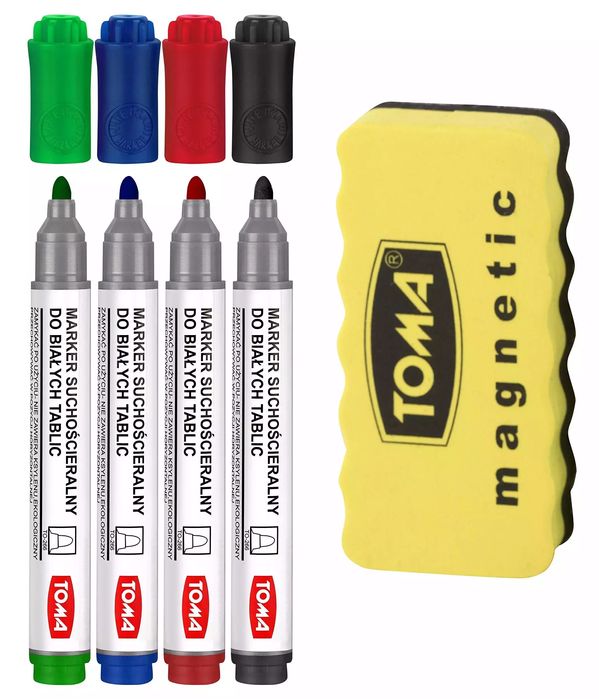 Markery do tablic (4 kolory) + gąbka. Toma