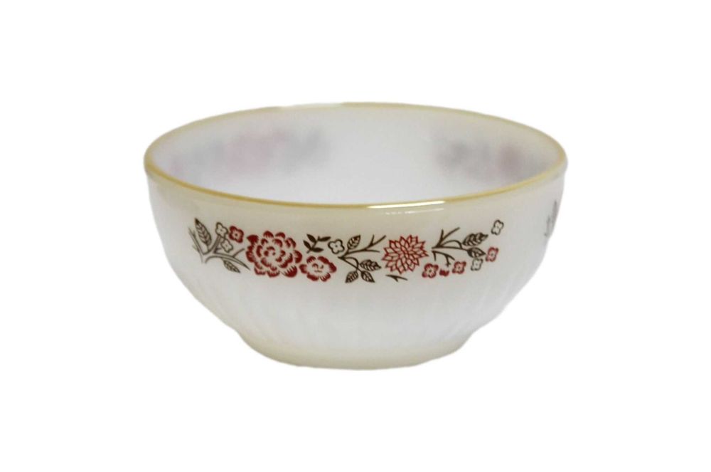 Tigela Termocrisa em vidro branco opalino c/ motivos florais – anos 70