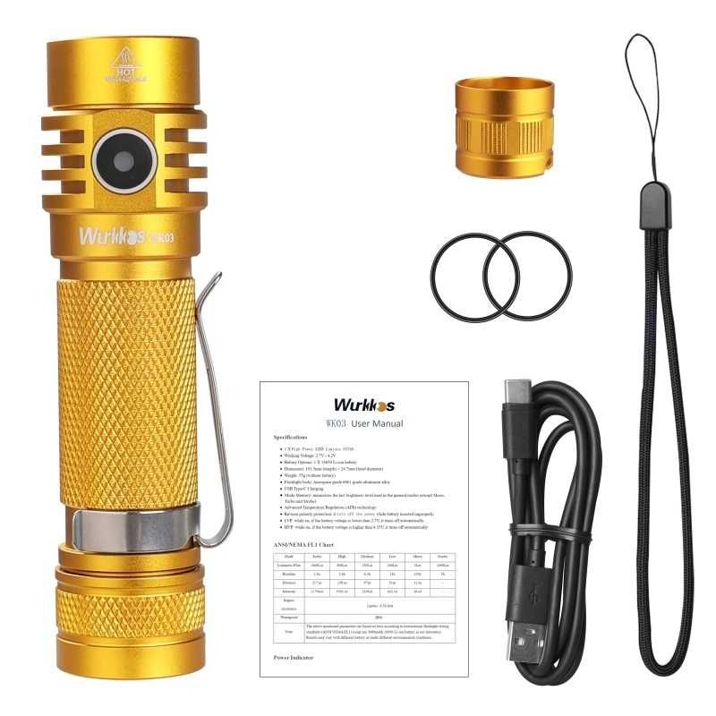 nowa latarka EDC Wurkkos WK03 GOLD Nichia 519A 1200lm , USB , magnes