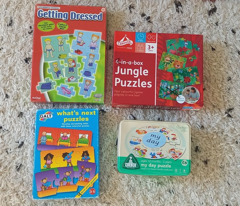 4x komplet zabawek Puzzle układanki co dalej Montessori