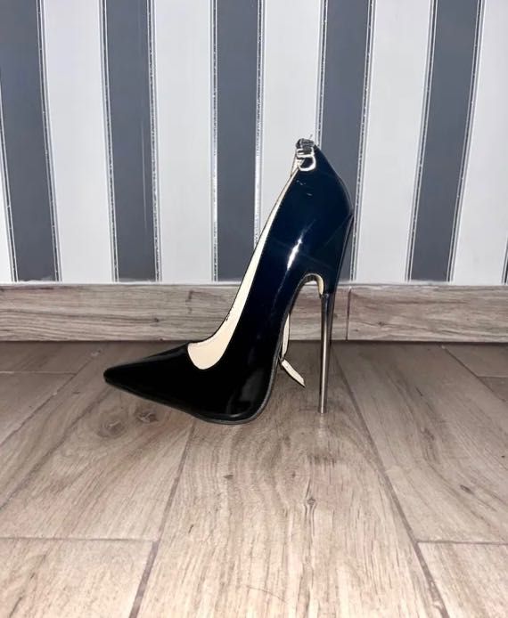 111/ OD RĘKI szpilki czarne 38 metal heel metalowe obcasy 17cm