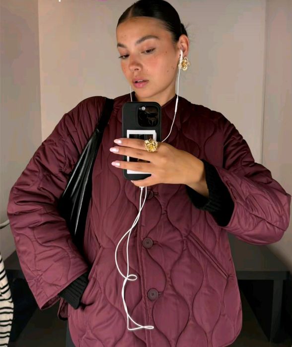 Zara kurtka pikowana XS 34 oversize bordowa wodoodporna