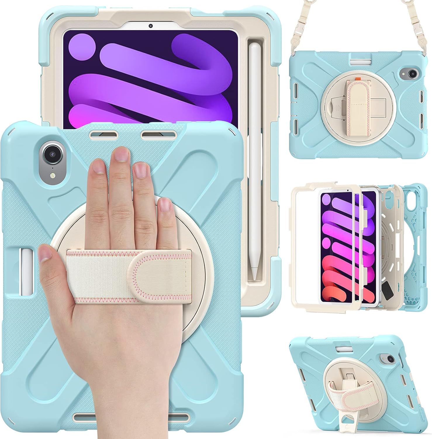 Etui do iPad Mini 6 8.3" z Podstawką i Paskiem na Ramię Błękitne
