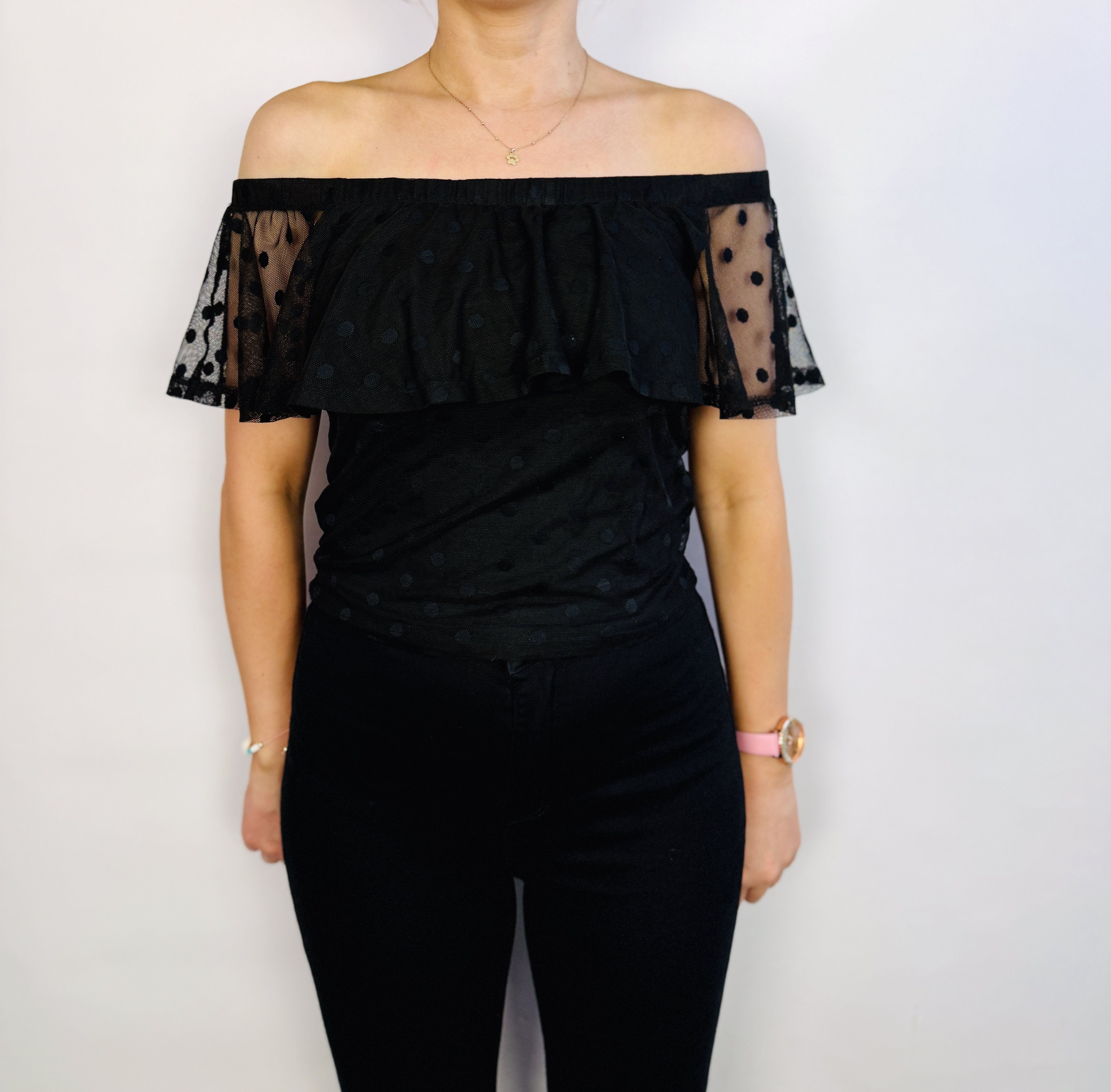 Czarna bluzka hiszpanka z tiulowymi rękawkami S 36 H&M