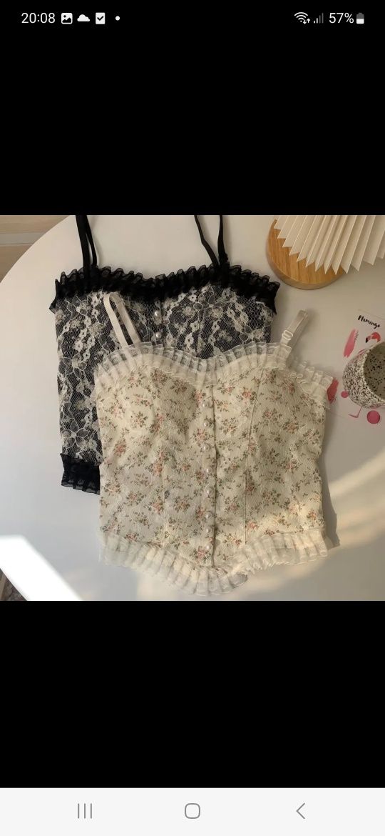 Nowy gorset damski crop top koronkowy z perełkami kremowy ecru 38