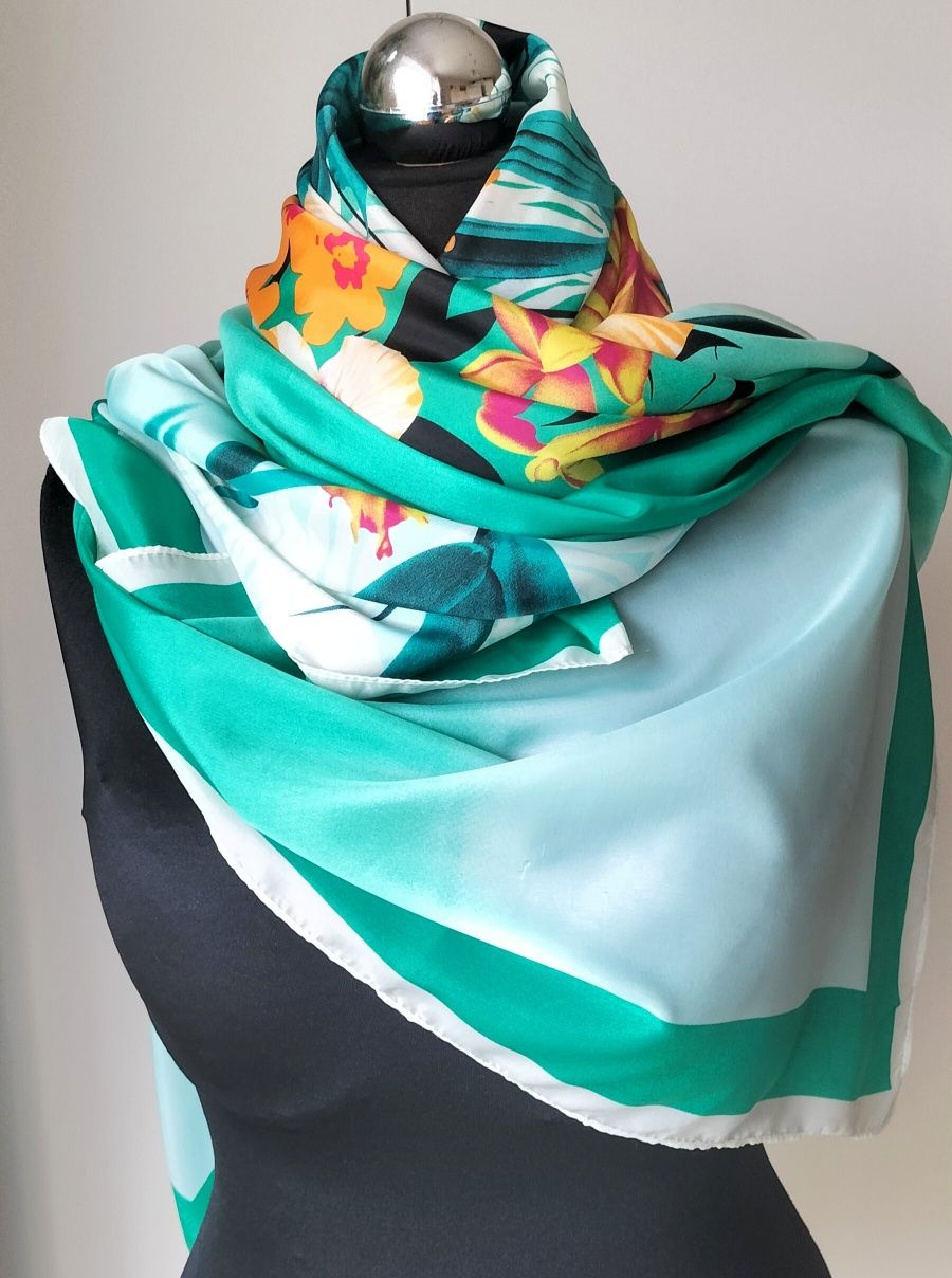 Piękna duża jedwabna chusta apaszka silk scarf shawl