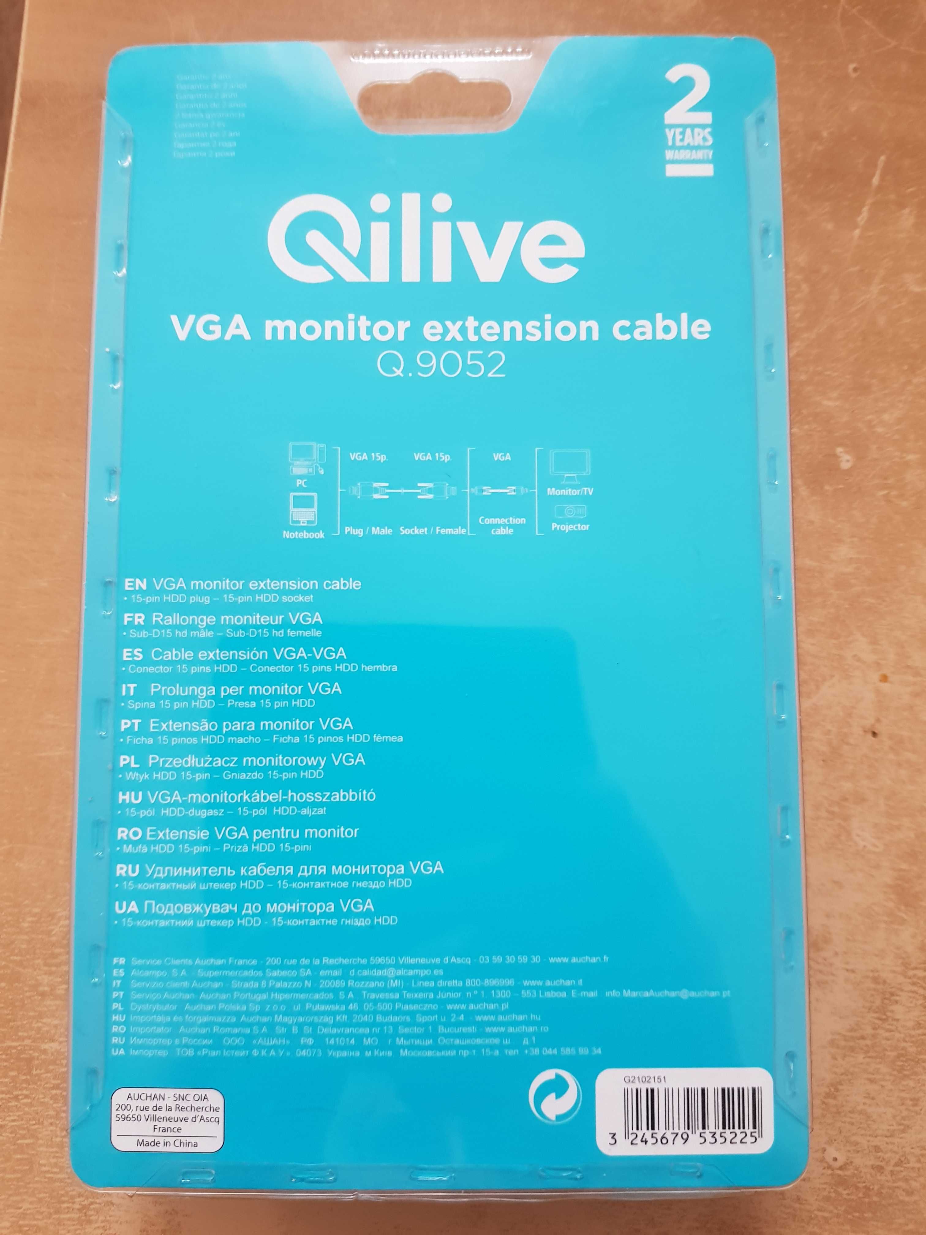 Kabel VGA QILIVE, przewód VGA 1,8m. NOWY
