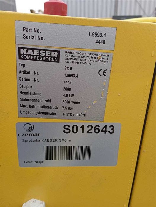 SPRAWNA!!! Sprężarka śrubowa KAESER SX6 4KW 0,75m3/min, S012643