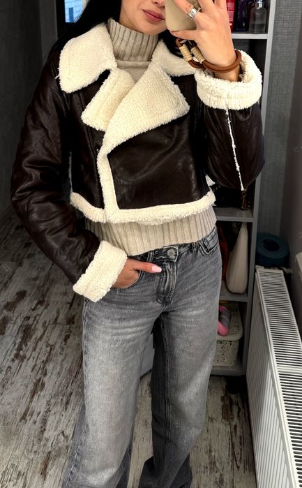 Женская кожаная куртка S осень-зима жіноча дублянка дублёнка бомер