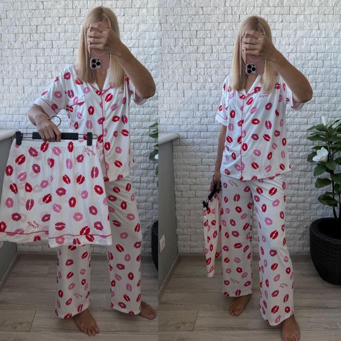 Жіноча піжама тройка трійка з шортами та штанами. пижама тройка
