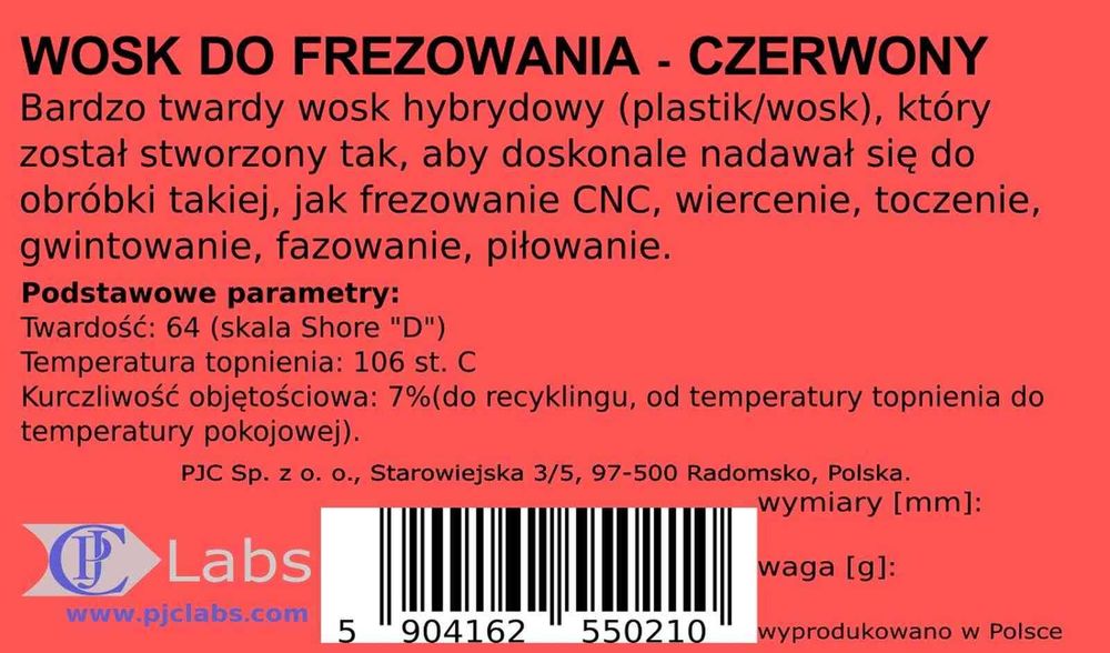 Wosk do frezowania - CNC - czerwony - 180mm/70mm/35mm - 380 g