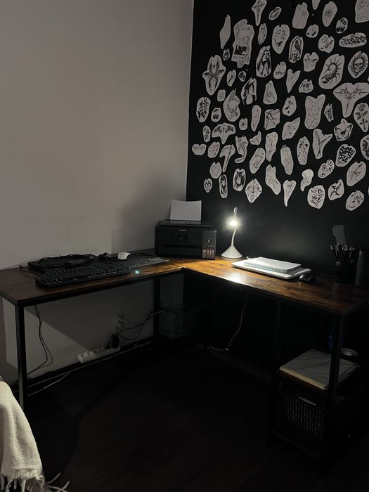 Biurko narożne duże metalowe/ drewniane czarno-brązowe.