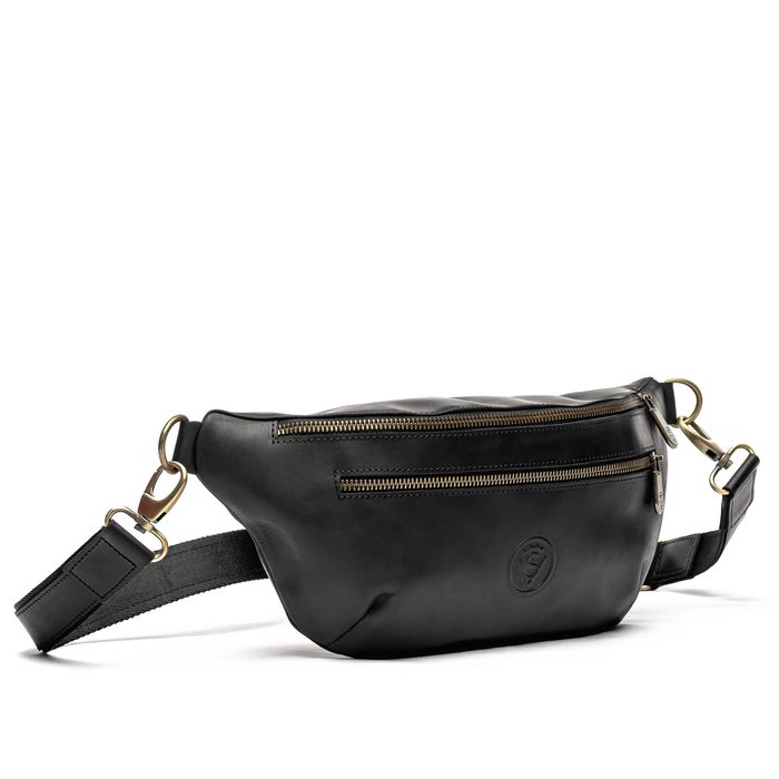 Бананка черная кожаная / Мужская поясная сумка из кожи VS055