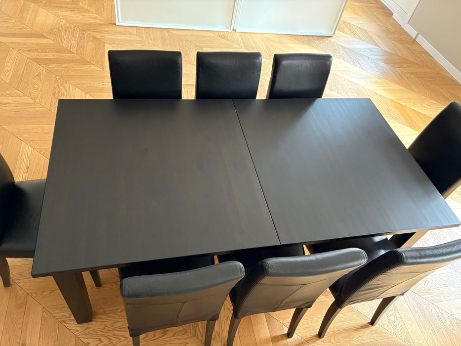 STÓŁ rozkładany, 8 krzeseł (skóra) IKEA wenge