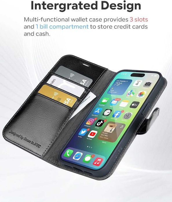 OCAS etui skórzane do iPhone 14 Pro MAX z klapką Portfel RFID czarne