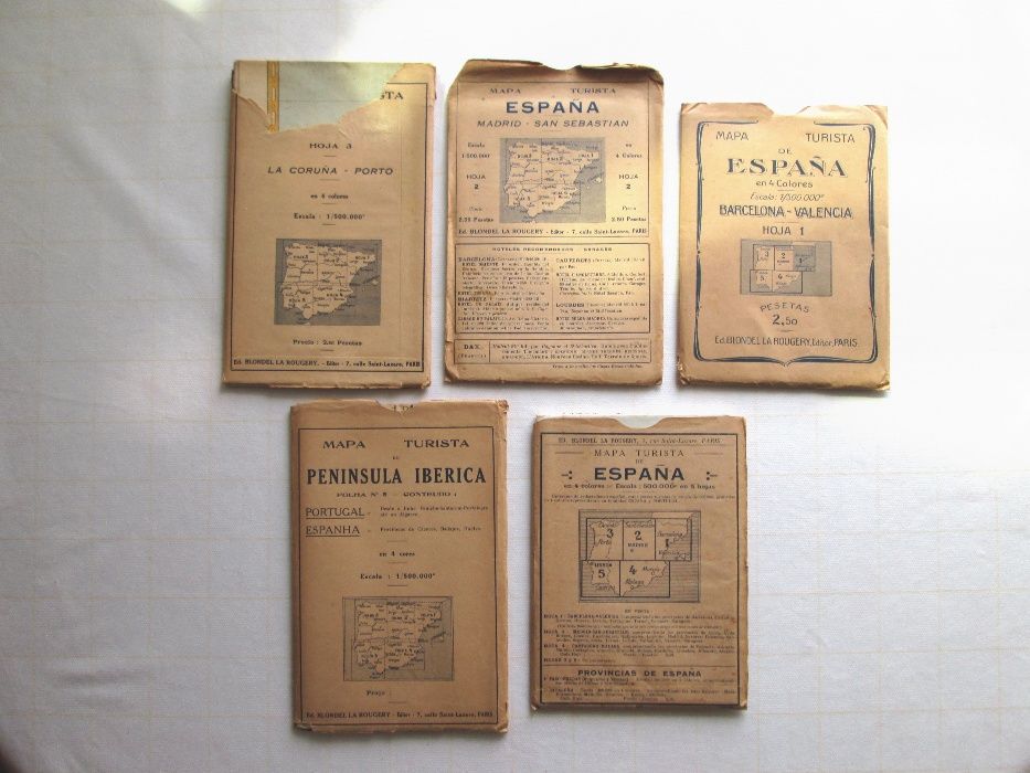 5 Mapas Península Ibérica Antigos - Escala 1:500.000 - 4 Cores
