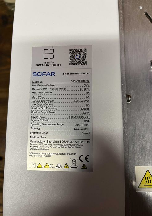 Falownik SOFAR 3300TL-G3 1 fazowy 3 kW 1xMPPT 3.3 kW jak nowy