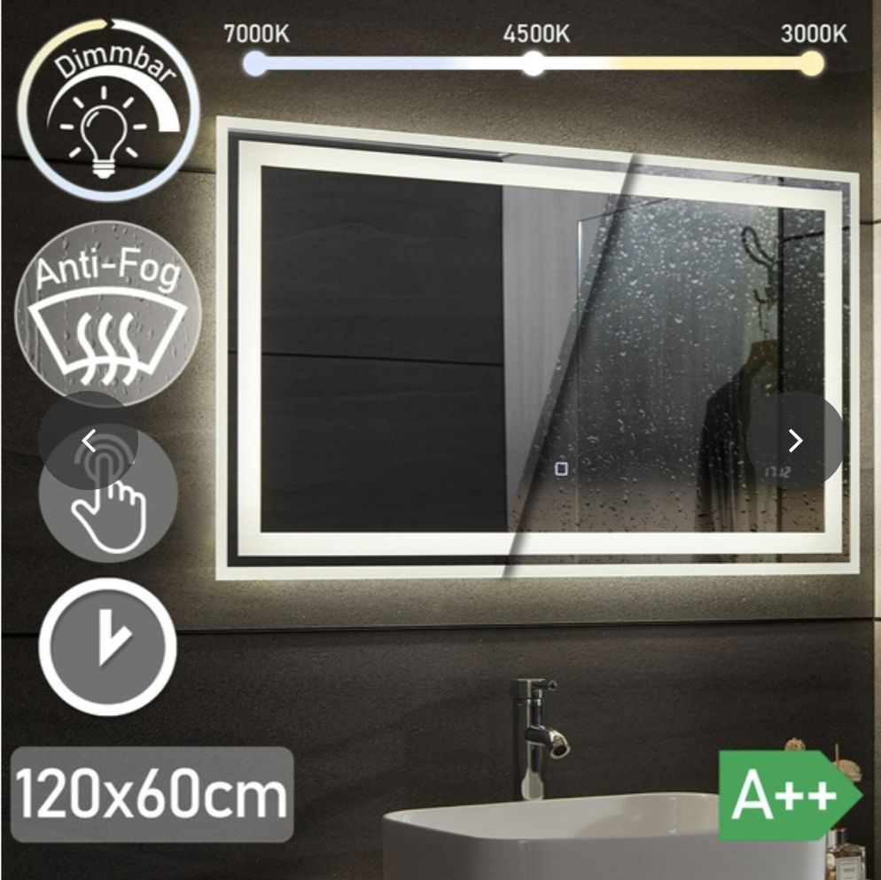 Nowe Lustro 120x60cm LED, zegar