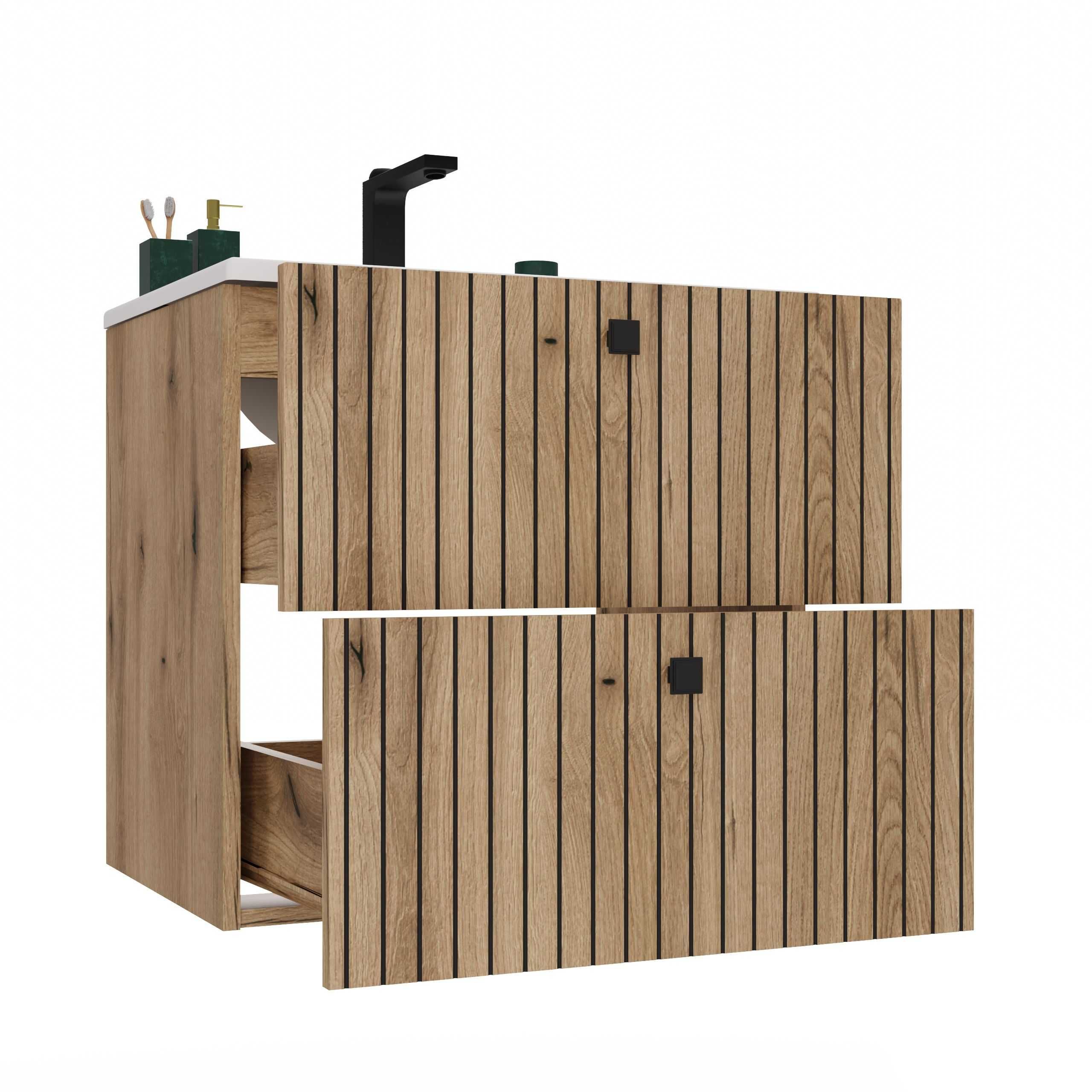 SZAFKA Pod Umywalkę TIGO 60 2S Ryflowany Front + Umywalka DĄB EVOKE