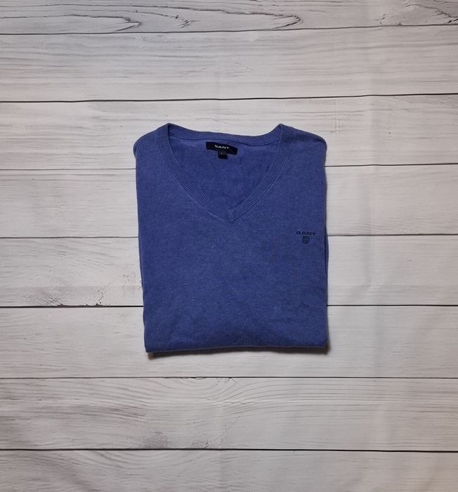 Sweterek męski Gant, v-neck, w serek, 100% bawełna, logo, premium