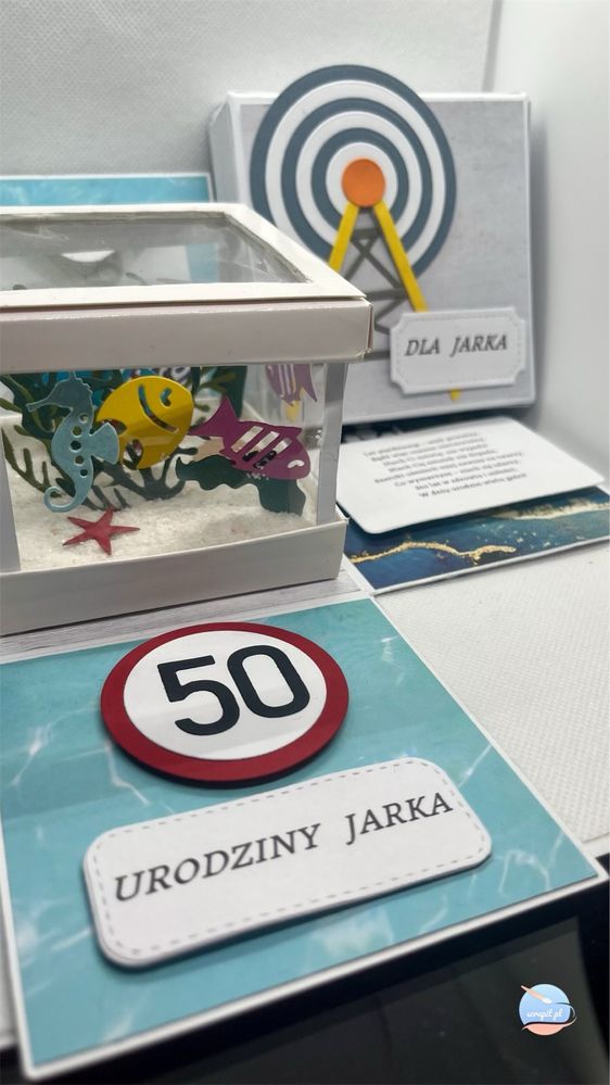Kartka handmade exploding box 50 urodziny akwarium
