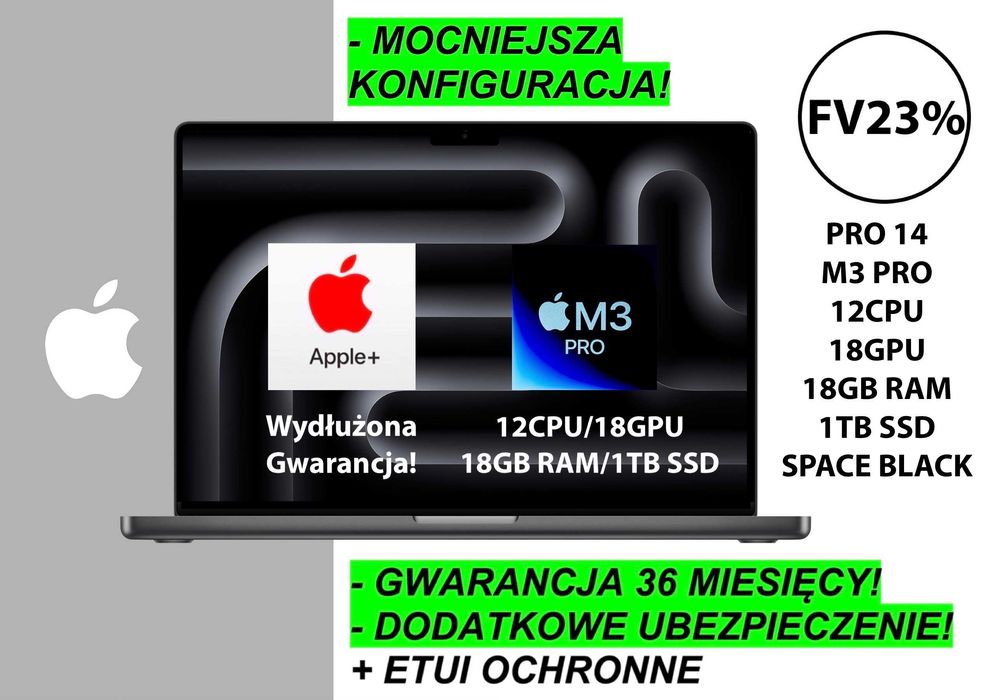 NOWY Apple MacBook Pro 14 M3 Pro 18GB RAM 1TB +DODATKI GW-3LATA! FV23%