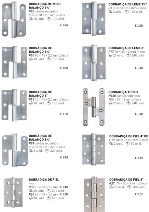 Dobradiças para porta de madeira e aluminio , e Calceiros