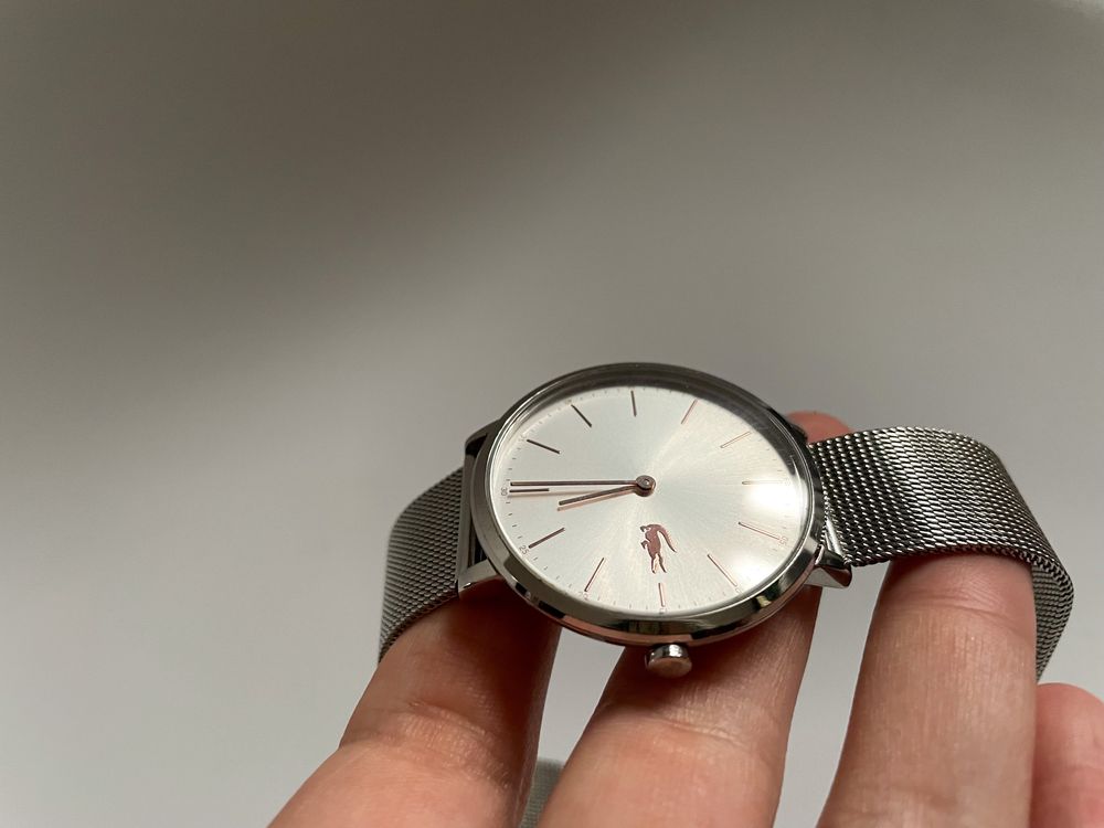Zegarek damski lacoste moon srebrny różowe złoto bransoleta mesh