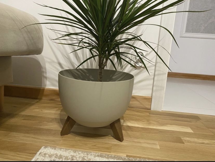 Beżowa,klasyczna doniczka z systemem odprowadzani wody,duża,na nóżkach