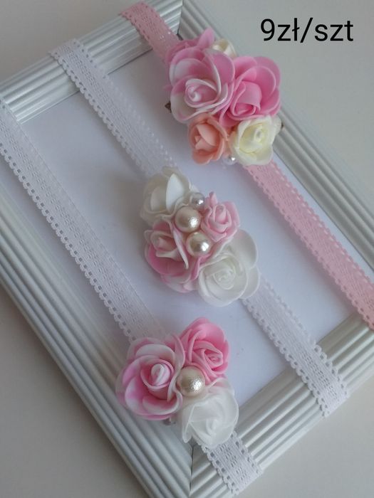 6 zł WYPRZEDAŻ Opaska biała różowa ecru chrzest święta