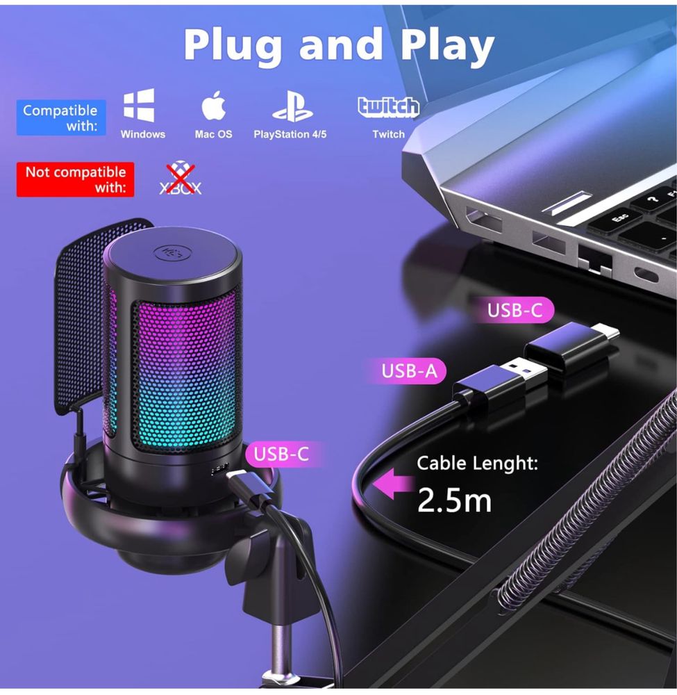 Zestaw mikrofonów do gier USB do komputera, mikrofon pojemnościowy RGB
