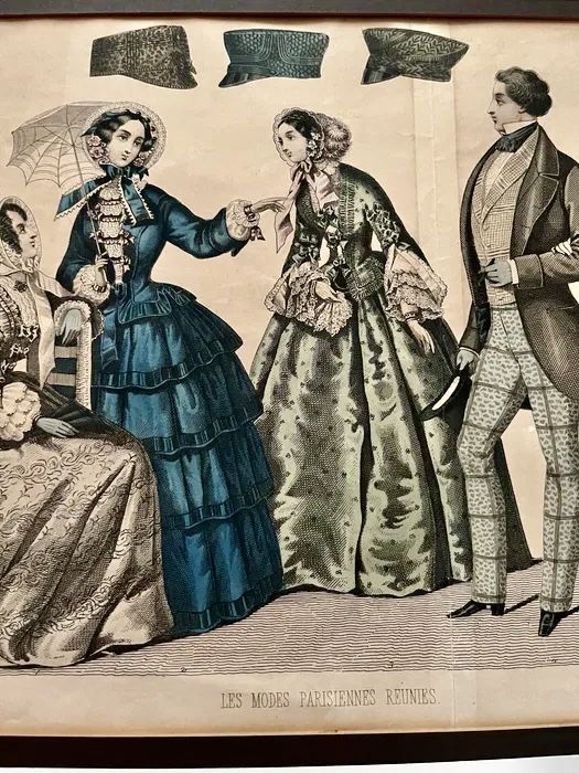 *Stara Piękna Moda Biedermeier XIX Francja Suknia Frak Obraz grafika