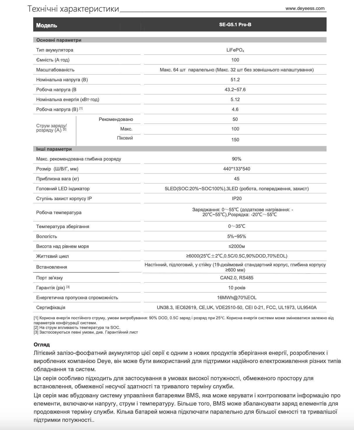 Акумуляторна батарея Deye LiFePo4 SE-G5.1 PRO B, АКБ ДЕЯ 5 кВт 48В