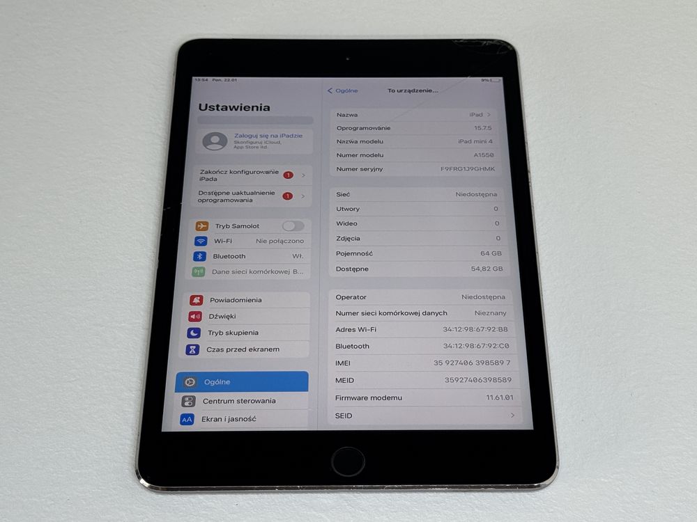 iPad mini 4 64GB (A1550) - Cellular (LTE) - pęknięty - faktura VAT 23%