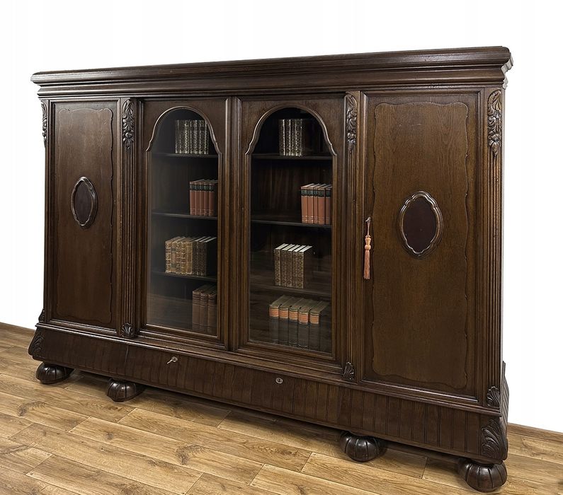 BIBLIOTEKA gabinetowa antyk WITRYNA SZAFA 4-drzwiowa rzeźbiona 2,6 m