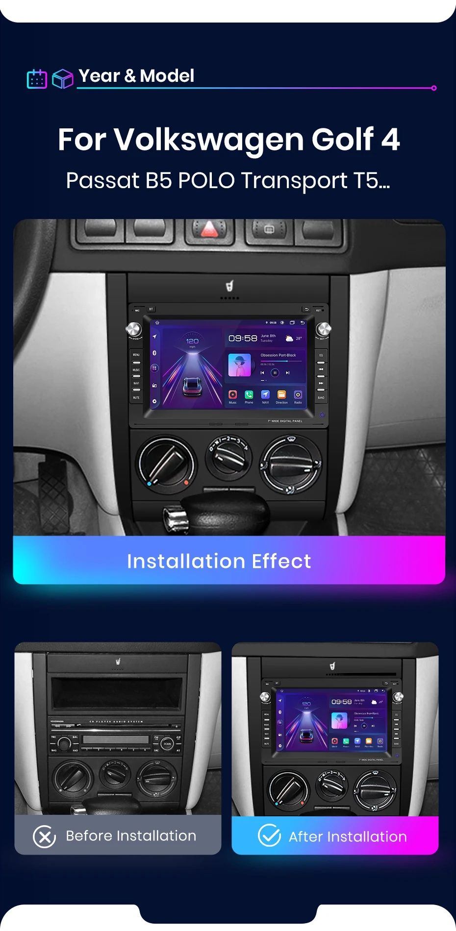 Rádio 7" Android Auto e Carplay VW Golf 4 Passat B5 Polo 2/32GB GPS