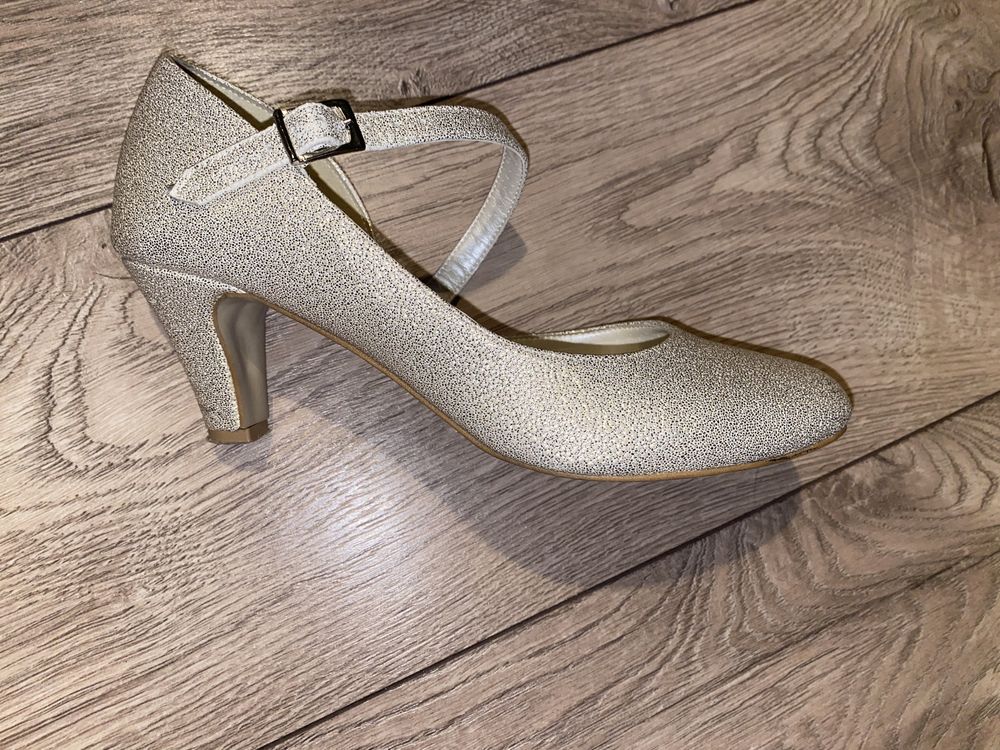 Buty, czółenka, ślubne - 37, sandały asymetryczne, złoto, Butdam