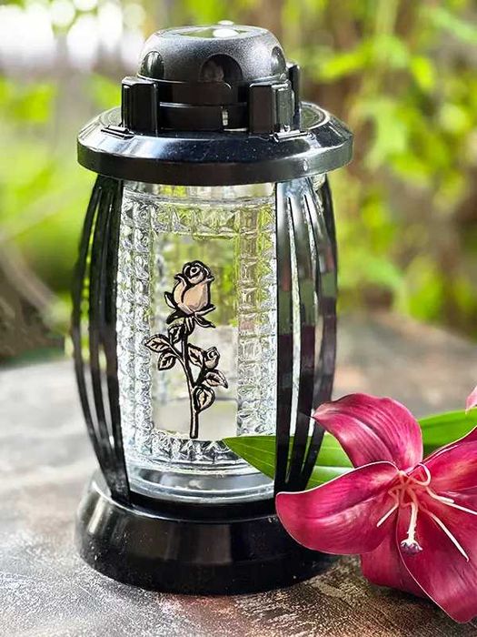 3 Duże znicze Solarne Lampiony 'Srebrna Róża', Lampy na Cmentarz 24cm