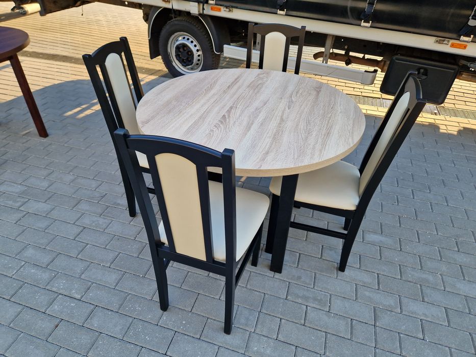 Nowe: Stół okrągły + 4 krzesła, czarny/sonoma + crem , trans PL