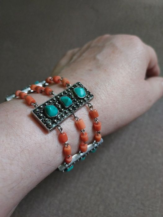 Stara bransoletka srebro koral I turkusy