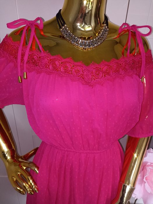 Nowa Malinowa sukienka Hiszpanka z koronką w kropeczki R.36