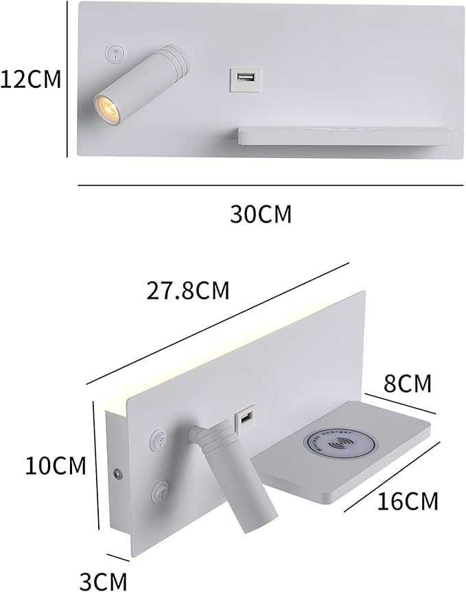 Nowoczesna lampa -kinkiet led, port USB, bezprzewodowa ładowarka Qi