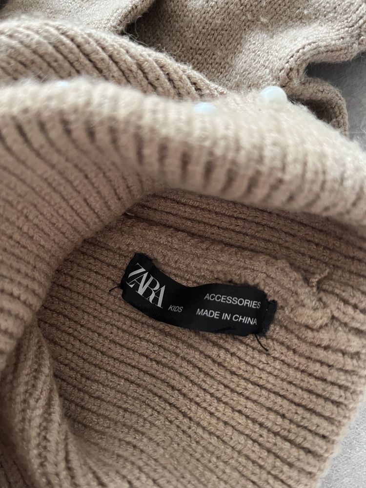 Zara kids komplet czapka szalik rękawiczki perełki beżowy 4/6 lat