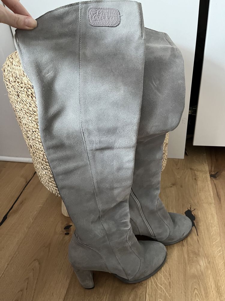 Buty kozaki zamszowe skórzane na słupku obcasie szare Beyco Pisarek 38