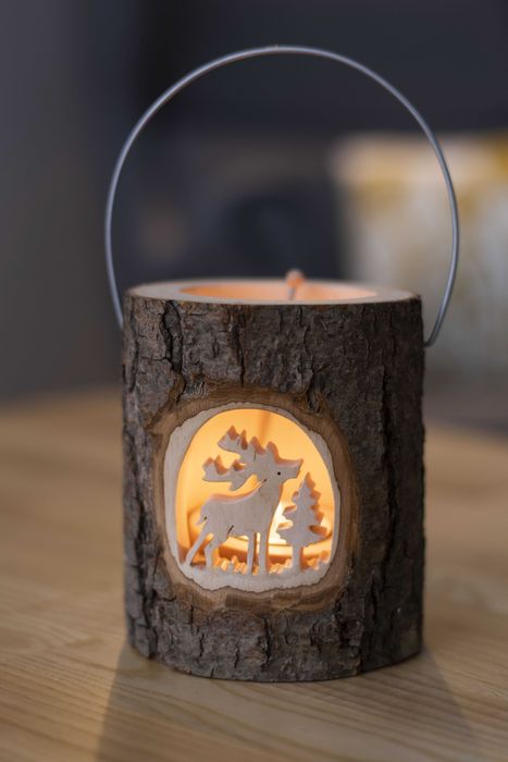 Lampion (świecznik) drewniany z motywem jelenia lub sowy