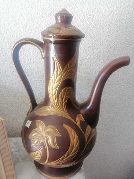 Antigo Jarro cerâmica c/ tampa, pintado à mão - Artesanato Português
