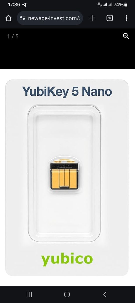 Ключ безпеки YubiKey 5 Nano, USB-A, Yubico