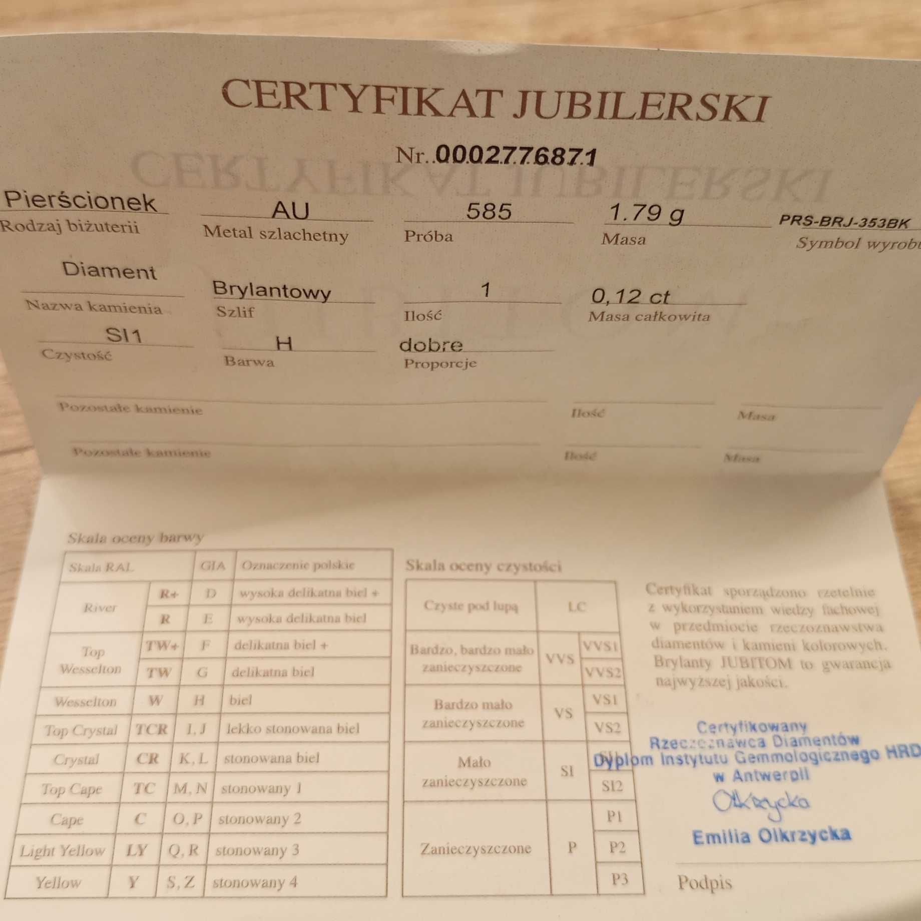 Złoty Pierścionek z diamentem 0.12 ct JUBITOM . CERTYFIKAT