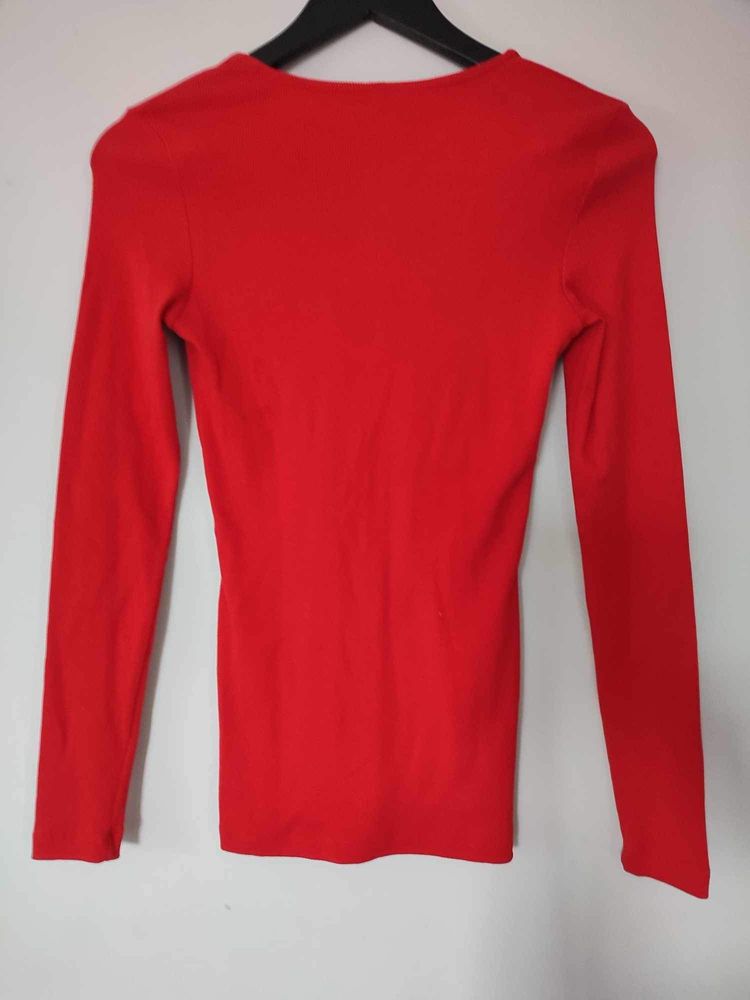 Czerwona bluzka damska,długie rękawy dekolt V,, prążek,zdobiona,r. Uni